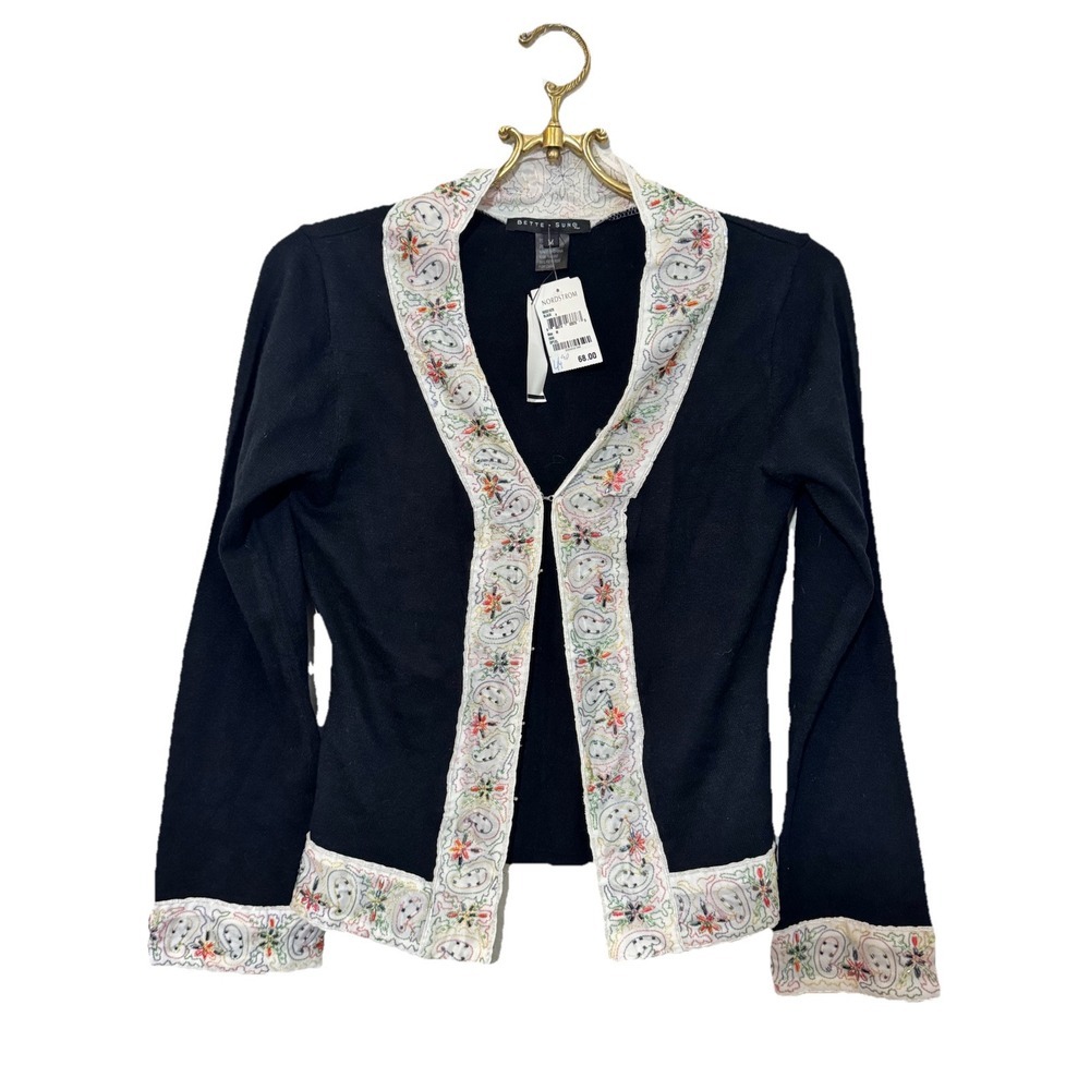 Bette Sung Women's Lightweight Designer Cardigan Sz M Black Beaded Collar NEW